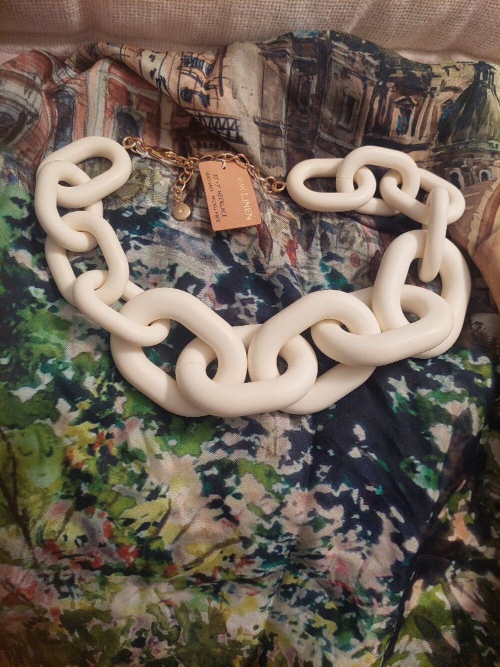Pink Linen Chunky Cream Ivory Large Link Necklace NWT